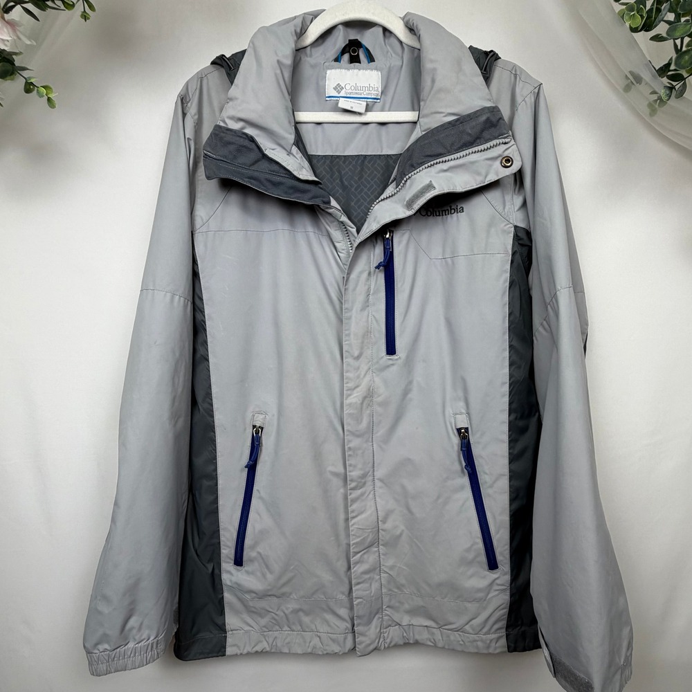 Columbia Interchange Hooded Rain Jacket Mens Medium Gray Colorblock Full Zip